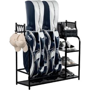 MyGift Industrial Matte Black Metal Golfing Equipment Standing Storage Organizer Rack, Golf Bag Holder Stand with 4 Shelves and 5 Hooks for Clubs, Balls, Shoes