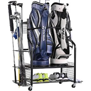 PLKOW Golf Bag Stand Golf Bag Organizer Fits for 2 Golf Bags Golf Clubs Golf Equipment, Golf Bag Holder Golf Organizer for Garage Shed Basement