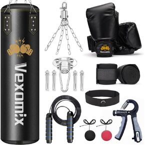 Punching Bag for Adults 4FT PU Boxing Bag with 12OZ Boxing Gloves, Heavy Bag with Chains, Hand Wraps, Grip Strengthener, Jumping Rope, Reflex Ball for MMA Kickboxing Karate Boxing (Unfilled)