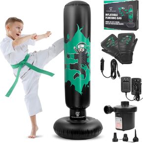 THB Inflatable Punching Bag for Kids, 63" Freestanding Ninja Boxing Bag Including Electric Air Pump with Gloves for Practicing Karate, Taekwondo, MMA