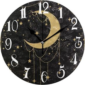ALAZA Moon and Stars Black Round Wall Clock Non-Ticking Silent Battery Operated Decorative Clock for Living Room Home Office Decor