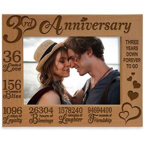 KATE POSH 3rd Anniversary Wood Picture Frame, 3 Years Down Forever to Go, Husband, Wife, Girlfriend or Boyfriend. (5x7-Horizontal)