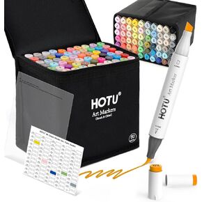 علامات الكحول HOTU، [المفضل للمبتدئين] 100 لون نابض بالحياة وأقلام تحديد فنية ذات أطراف مزدوجة لتلوين الأطفال/الكبار، مع حبر احترافي، مزيج سلس، وسادة غير نازفة، وحامل ألوان، للهواة/الفنانين