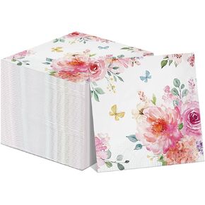 100 Pcs Floral Napkins 3 Ply Flower Dinner Paper Guest Napkins Flowers Disposable Paper Napkins Bathroom Hand Towels for Spring Birthday Baby Shower Wedding Holiday Party (4 x 8 Inch)