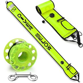Dving Scuba SMB, Dive Reel and Clip Set, 5FT Diving Surface Marker Buoy (DSMB) with 100FT Reel/Lead Weight Extra Storage Bag, Scuba Signal Tube Inflatable Marker for Diver Underwater Sports