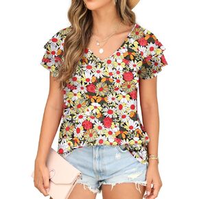Womens Floral Tops Ruffle Sleeve Shirts for Women V Neck Loose Fit Casual Tee Tunics