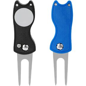 2pcs Golf Divot Repair Tool with Magnetic Ball Marker, Foldable Pop-up Divot Turf Fork Metal Putting Fork for Golf Lover