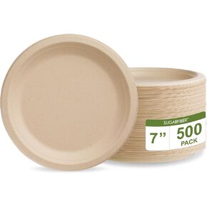 [100 COUNT]Sugarfiber by Harvest Pack 9-inch Round Disposable Compostable Paper Plates, Heavy-Duty Natural Bagasse Biodegradable Plate, Made From Eco-Friendly Sugarcane Plant Fibers