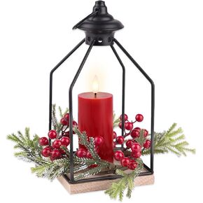 Rhytsing Harvest and Thanksgiving Table Centerpieces, H 10 Inches Decorative Lantern with Real Wax Orange LED Candle and Fall Candle Ring, Battery Metal Hanging Lanterns with Timer for Autumn