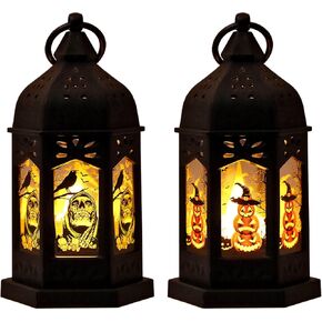 ALIBBON 3 Pcs Halloween Lantern 5 Inch Vintage Candle Lantern Decorative Hanging Lantern Witch Skull Pumpkin Lantern Black Mini Lantern Halloween Decorations for Home Indoor Outdoor