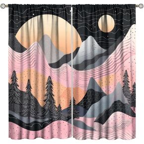 Mid Century Mountain Curtain for Bedroom,Nature Modern Art Abstract Sun Set Forest Green Tree Minimalist Woodland Window Treratment for Living Room 21x45in,2 Panel Set