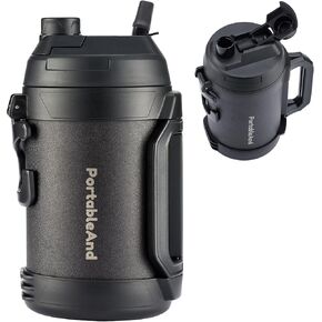 PortableAnd 3.2 Liter / 108 oz Insulated Water Jug with Flip Straw - 24 Hours Cold, Powder-Coated, Durable Handle, Large Capacity for Sports, Gym, Travel, and Camping (Black Powder)