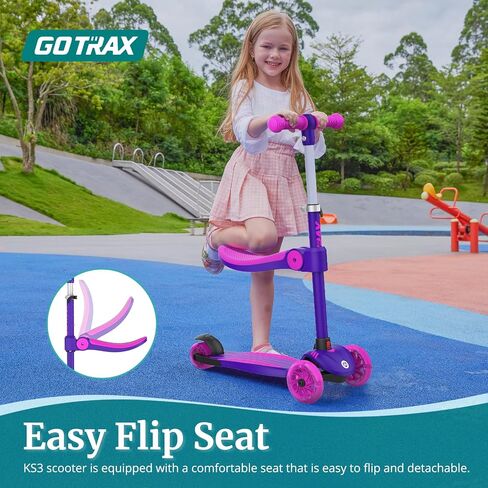 Gotrax KS3 Kids Kick Scooter, LED Lighted Wheels, Adjustable Height Handlebars and Removable Seat, Lean-to-Steer & Widen Anti-Slip Deck, 3 Wheel Scooter for Kids Ages 2-8 and up to 100 Lbs in Saudi Arabia