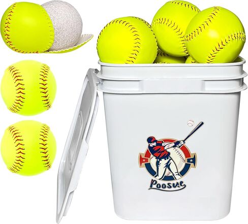 Bucket of 13 Practice Softballs, Official Size and Weight Slowpitch Softball Unmarked Leather Covered Youth Fastpitch Softball Ball Sports Softball for Games, Practice and Training, Yellow in Saudi Arabia
