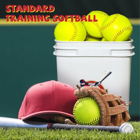 Bucket of 13 Practice Softballs, Official Size and Weight Slowpitch Softball Unmarked Leather Covered Youth Fastpitch Softball Ball Sports Softball for Games, Practice and Training, Yellow in Saudi Arabia