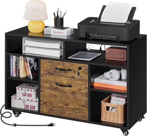Yaheetech File Cabinet Filing Cabinets with Socket & USB Charging Port 2 Drawers Lateral Printer Stand for Letter Size A4 Size, Home Office Black/Rustic Brown in Saudi Arabia