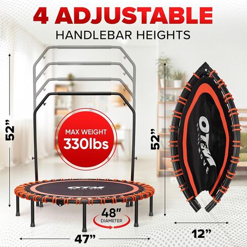 48 inch Foldable Rebounder Trampoline for Adults & Kids - Silent Exercise Trampoline with 4 Level Adjustable Handle - 330Lbs Max Cap Workout Trampoline, Fitness Trampolines for Indoor Outdoor in Saudi Arabia