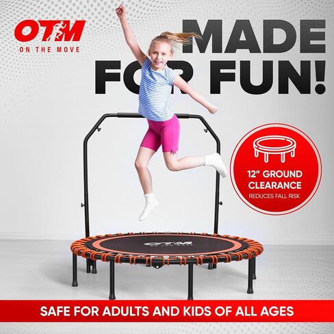 48 inch Foldable Rebounder Trampoline for Adults & Kids - Silent Exercise Trampoline with 4 Level Adjustable Handle - 330Lbs Max Cap Workout Trampoline, Fitness Trampolines for Indoor Outdoor in Saudi Arabia