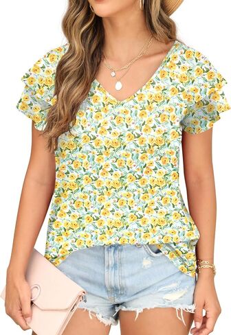 Womens Floral Tops Ruffle Sleeve Shirts for Women V Neck Loose Fit Casual Tee Tunics in Saudi Arabia