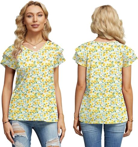 Womens Floral Tops Ruffle Sleeve Shirts for Women V Neck Loose Fit Casual Tee Tunics in Saudi Arabia