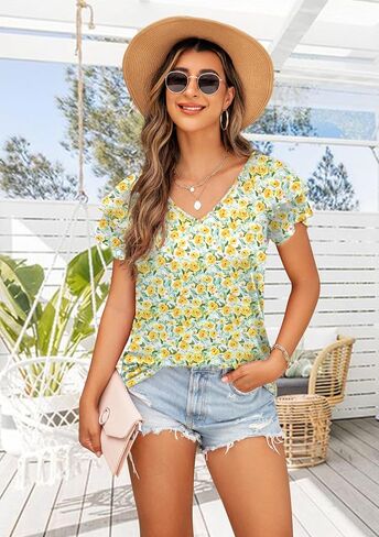 Womens Floral Tops Ruffle Sleeve Shirts for Women V Neck Loose Fit Casual Tee Tunics in Saudi Arabia