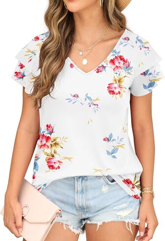 Womens Floral Tops Ruffle Sleeve Shirts for Women V Neck Loose Fit Casual Tee Tunics in Saudi Arabia