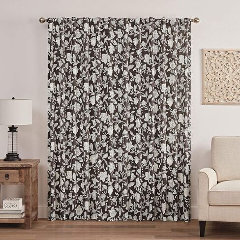Waverly Stencil Vine Rod Pocket Single Panel Privacy Window Treatment Living Room, 52" x 63", Linen in Saudi Arabia