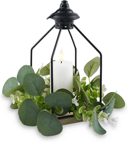 Rhytsing Harvest and Thanksgiving Table Centerpieces, H 10 Inches Decorative Lantern with Real Wax Orange LED Candle and Fall Candle Ring, Battery Metal Hanging Lanterns with Timer for Autumn in Saudi Arabia