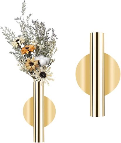 2 pcs Wall Flower Vase Tube Metal Flower Vase, Wall-Mounted Flower Tube for Flower Display,Modern Dried Flower Holder Wall Decoration for Porch Home Office Included Adhesive Material (Gold-Love) in Saudi Arabia
