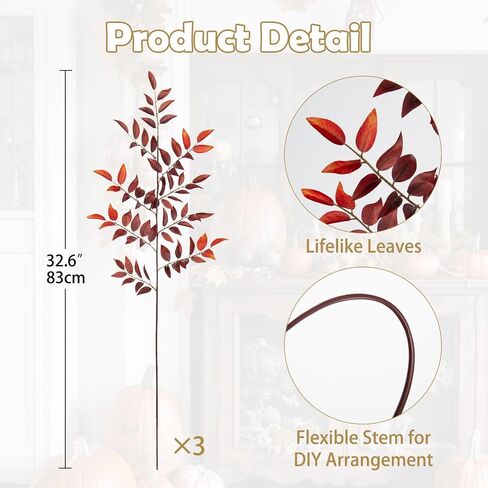 Hollyone 3 Pcs Artificial Fall Leaves Stems Branches 32.6" Fake Peach Leaves Branches Fall Leaves Shrubs Silk Autumn Leaf Bushes Faux Foliage Thanksgiving Centerpieces Festival Home Decor Yellow Green in Saudi Arabia