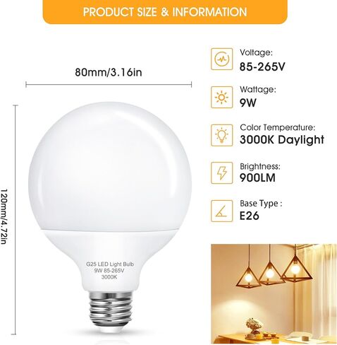 G25 LED لمبات الإضاءة الغرور، 100W LED لمبة كروية مكافئة، 9W LED لمبات الغرور للحمام، 5000K ضوء النهار الأبيض 900LM، E26 قاعدة مستديرة مرآة ماكياج أضواء الحمام لمبة الإضاءة الديكور، 4 حزمة in Kuwait