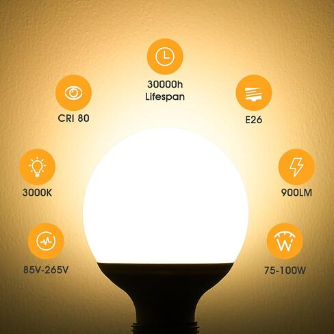 G25 LED لمبات الإضاءة الغرور، 100W LED لمبة كروية مكافئة، 9W LED لمبات الغرور للحمام، 5000K ضوء النهار الأبيض 900LM، E26 قاعدة مستديرة مرآة ماكياج أضواء الحمام لمبة الإضاءة الديكور، 4 حزمة in Kuwait