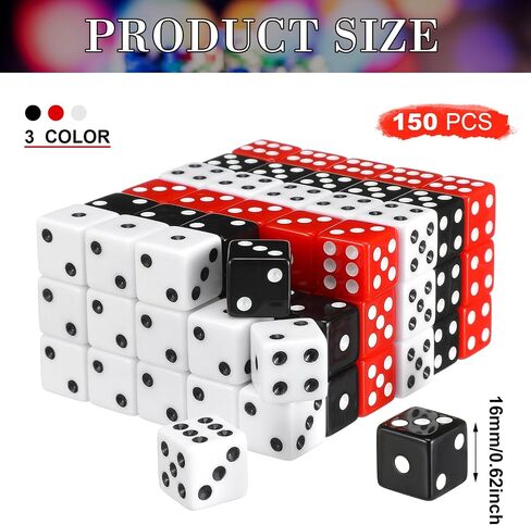 Poen 150 Packs Standard Game Dices 16mm Casino Theme Party Dice Acrylic D6 Dice Bulk Casino Dice for Casino Theme Party Board Games Vegas Birthday Party Supply(Black, Red, White,Square Corner) in Saudi Arabia