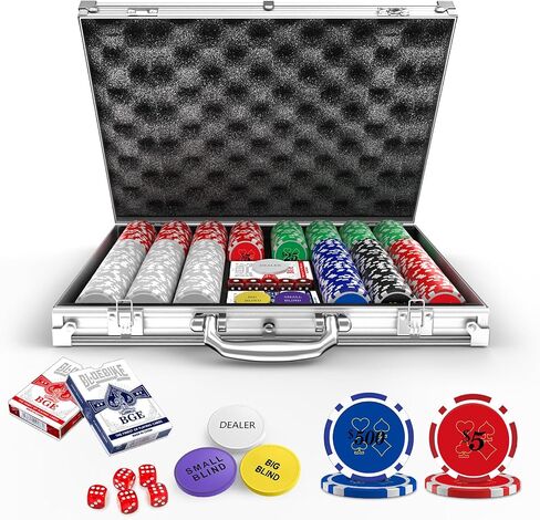 Poker Chips with Denominations, 300-pcs 11.5g Weighted Numbered Casino Chips Set, 5 Dice, 2 Decks with Compact Aluminum Case for Texas Hold'em, Blackjack, Age 8 and Plus in Saudi Arabia