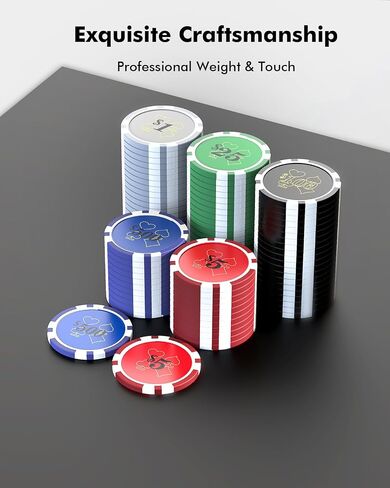 Poker Chips with Denominations, 300-pcs 11.5g Weighted Numbered Casino Chips Set, 5 Dice, 2 Decks with Compact Aluminum Case for Texas Hold'em, Blackjack, Age 8 and Plus in Saudi Arabia