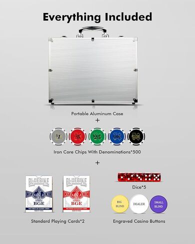 Poker Chips with Denominations, 300-pcs 11.5g Weighted Numbered Casino Chips Set, 5 Dice, 2 Decks with Compact Aluminum Case for Texas Hold'em, Blackjack, Age 8 and Plus in Saudi Arabia