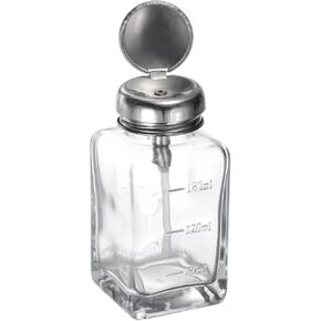 HARFINGTON 6Oz / 180ML Glass Pump Dispenser Bottle Square Clear Liquid Pumping Press Push Down Alcohol Container with Metal Flip Cover for Makeup Remover