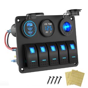 Marine Boat Switch Panel Waterproof, 5 Gang Marine Rocker Switch Aluminum Panel with 3 Port 66W 12V USB Outlet Car Charger, 150W Cigarette Lighter Socket and Blue LED Voltmeter for Truck Car RV, etc.