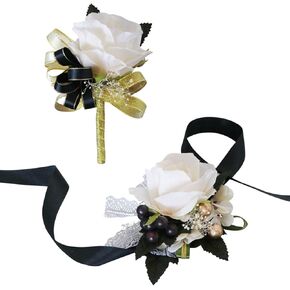 Aimto White Rose Wrist Corsage and Boutonniere Set for White Wedding Flower Accessories Prom Suits (3pairs White Rose Set)