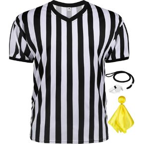 3 Pcs Referee Shirt Costume, Referee Shirt Men V-Neck Ref Umpire Shirt for Football Soccer Halloween Black and White Striped Shirt for Men
