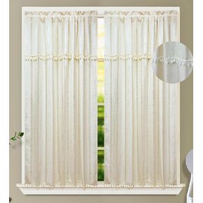 GOHD Country Road Window Curtains Boho Jacquard Stripe Tassel for Living Room Window Curtain,Rod Pocket Farmhouse Curtains for Bedroom 3 Size, Cotton and Linen Like Texture(63in,Blue)