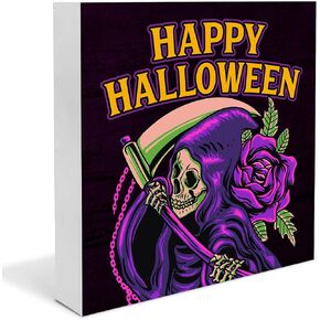 Halloween Decor, Cat Pumpkin Decorations, Happy Halloween Wooden Decorative Sign, Home Decor for Desk Table Shelf 5 x 5 Inches