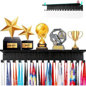 رف الكأس غير القابل للانزلاق، رف عرض الكأس والميدالية، عرض شماعات الميداليات للجدار بطول 16 بوصة، أرفف لعرض الجوائز ميداليات عرض حامل ميداليات مطور للجمباز، السباق، كرة القدم، السباحة