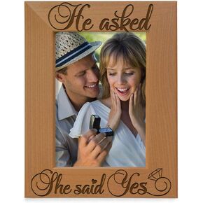 KATE POSH - He Asked, She Said Yes Engraved Natural Wood Picture Frame - Engagement Gifts, Best Friends Gifts, Valentine's Day Gifts, Christmas Gifts, Future Mr. & Mrs. Gifts (4x6-Horizontal)
