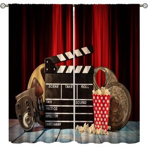 Movie Theater Theme Blackout Curtains Movie Theater Scene Popcorn Drink Printed Curtains Decorative Bedroom Living Room Heat Insulation Blackout Curtains 52x84in
