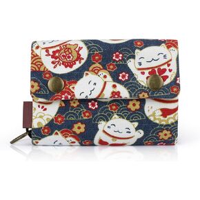 Womens Trifold Wallet, Canvas Wallet Ladies Wallet for Women, Women Wallet with Keyring Cute Wallet for Credit Card, Coin, Cash, Receipt (cats)