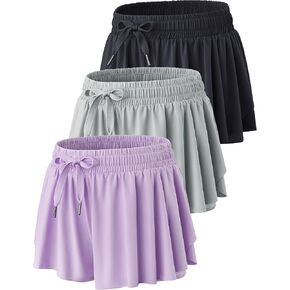 3 Pack Womens Flowy Running Shorts, 2-in-1 Butterfly Skirts with Shorts Underneath Spandex Athletic Casual Gym Workout Lounge