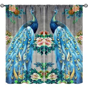 JESTRONRY Watercolor Peacock Feather Bathroom Window Curtains,Green Watercolor Printed Theme Home Rod Pocket Window Drapes 2 Panels Set for Living Room Kitchen Bedroom Decor W42xL45in