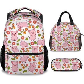 Pig School Backpack for Girls - 16 Inch Pink Backpacks for Kids 6-12 Years - Lightweight Cartoon Bookbag for Travel