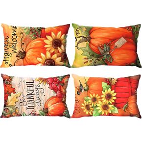 Fall Throw Pillow Covers 18x18 Inch Set of 4 Autumn Thanksgiving Pumpkin Sunflower Decorative Farmhouse Pillow Cases Square Linen Couch Cushion Cover for Living Room Bed Sofa Bench Patio Outdoor